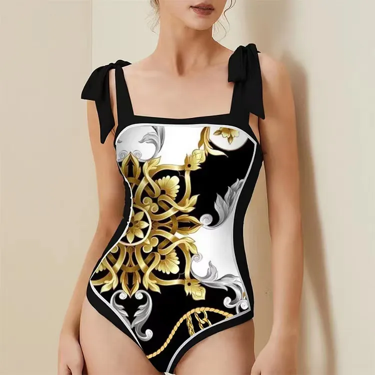 2024 New Instagram Style Retro Hot Spring Positioning Printed Swimwear Sexy Tie up One Piece Swimwear Set for Foreign Trade