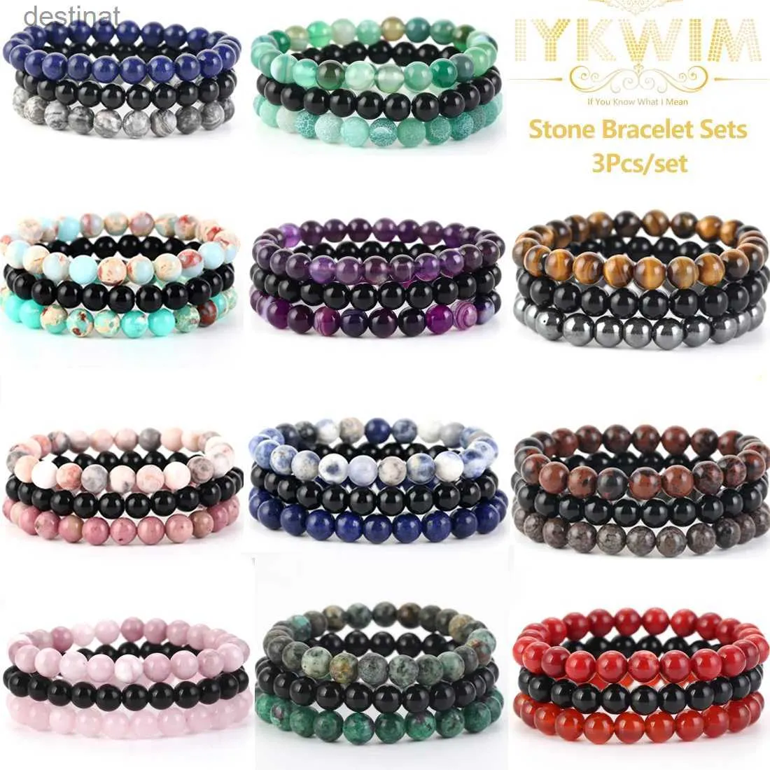 Beaded 8mm 3Pcs/Set Natural Stone Bracelet Rose Quartz Opal Turquoise Amethysts Hematite Jaspers Bracelets For Women Men JewelryL24213