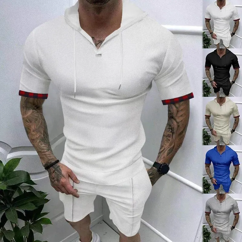 Мужские спортивные костюмы, летняя вафельная футболка с капюшоном для занятий спортом и повседневные шорты с короткими рукавами, модный дышащий комплект