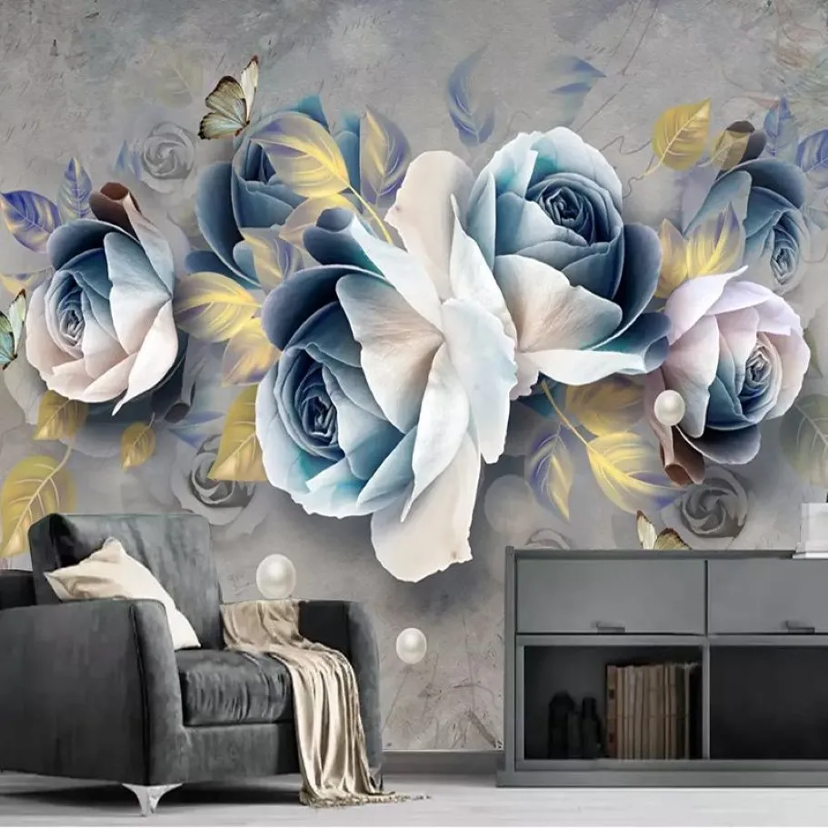 Aangepaste Mural Behang 3D Stereo Reliëf Rose Bloemen Muurschilderingen Europese Retro Woonkamer TV Achtergrond Wanddecoratie Painting258t