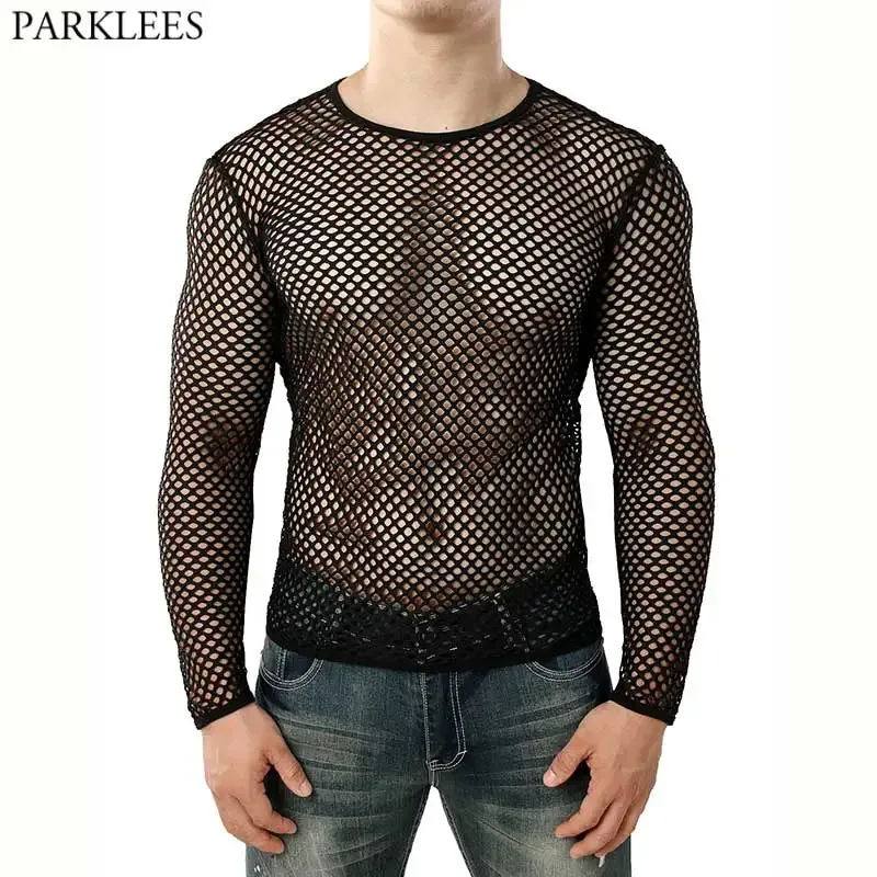 Mens Transparent Sexy Mesh T -shirt Se genom Fishnet Lång ärm Muskel Underskjorta Nattklubbparty Utför Top Tees 240308