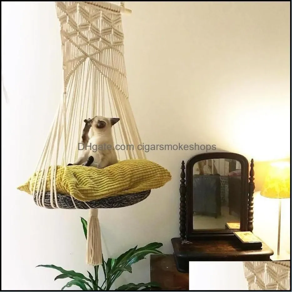 Cat Swing Hammock Boho Style Cage Bed Handmade Hanging Sleep Chair Seats Tassel Cats Toy Play Cotton Rope Pets House Drop Delivery230H