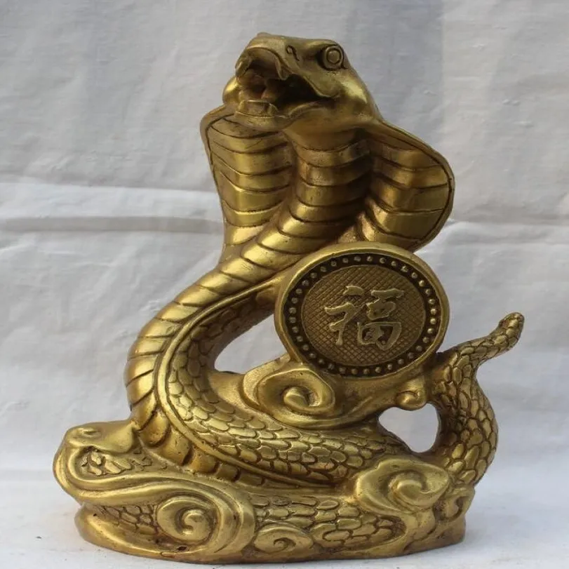 China Chinese Brass Folk Fengshui Fu Rich Wealth Zodiac Year Eye Snake Statue217k