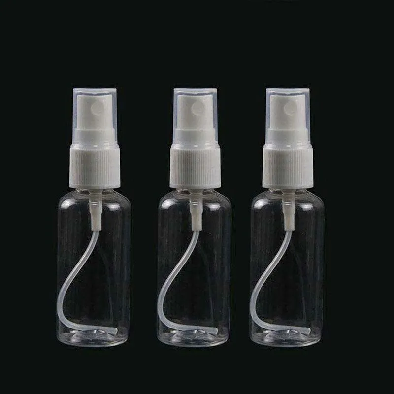 60 ml 2 Unzen klare leere Sprühflasche aus Kunststoff mit weißem Feinnebelsprüher – für ätherische Öle, Reiseparfüm, Make-up, Reinigungslösungen, Dm Njob