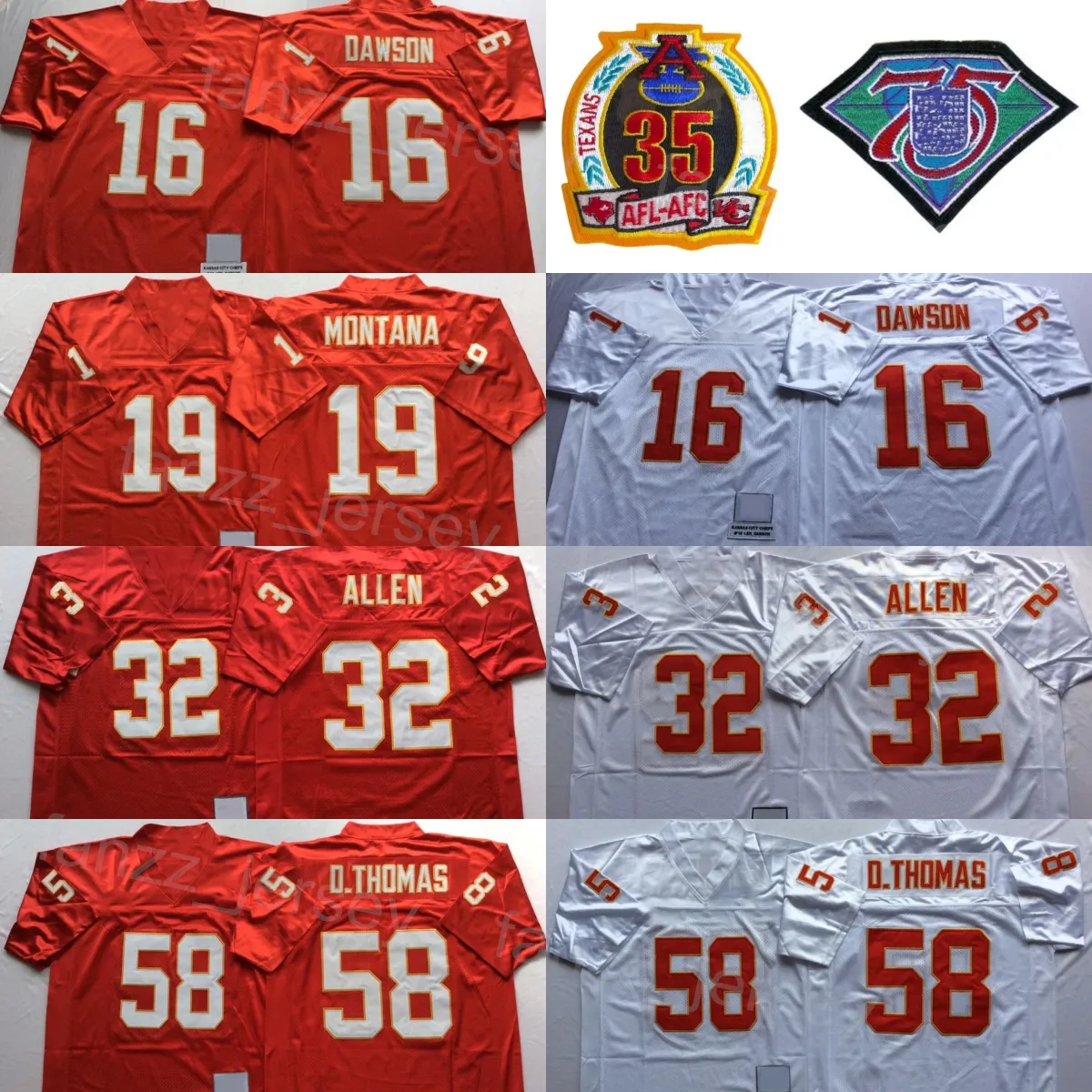 1994 Retro Futebol 58 Derrick Thomas Jersey 32 Marcus Allen 16 Len Dawson 19 Joe Montana 35º 75º aniversário costurado cor da equipe vermelho branco vintage para fãs de esporte