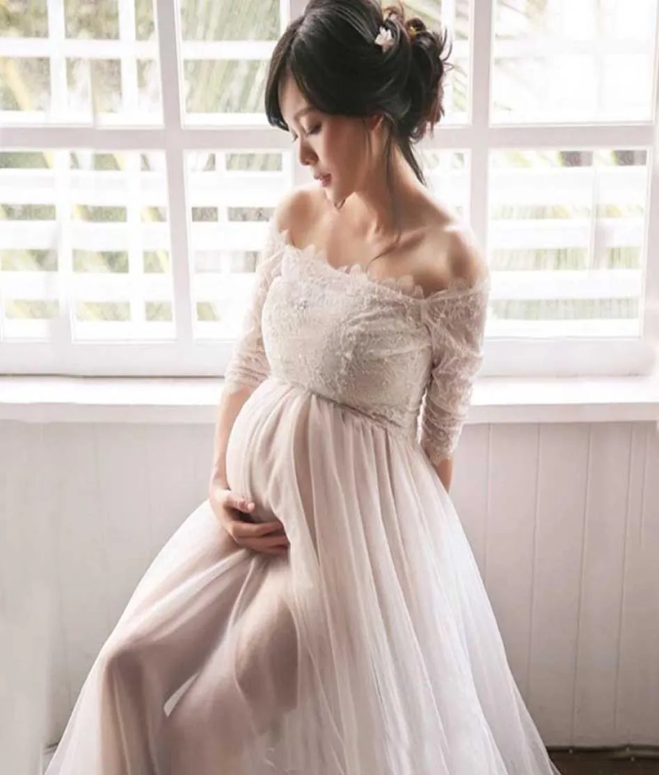 Maternity Pography Dress Off Shoulder Lace Maternity Dress Graceful White Maxi Maternity Gown Pregnant Dress for Po Shoot7422524