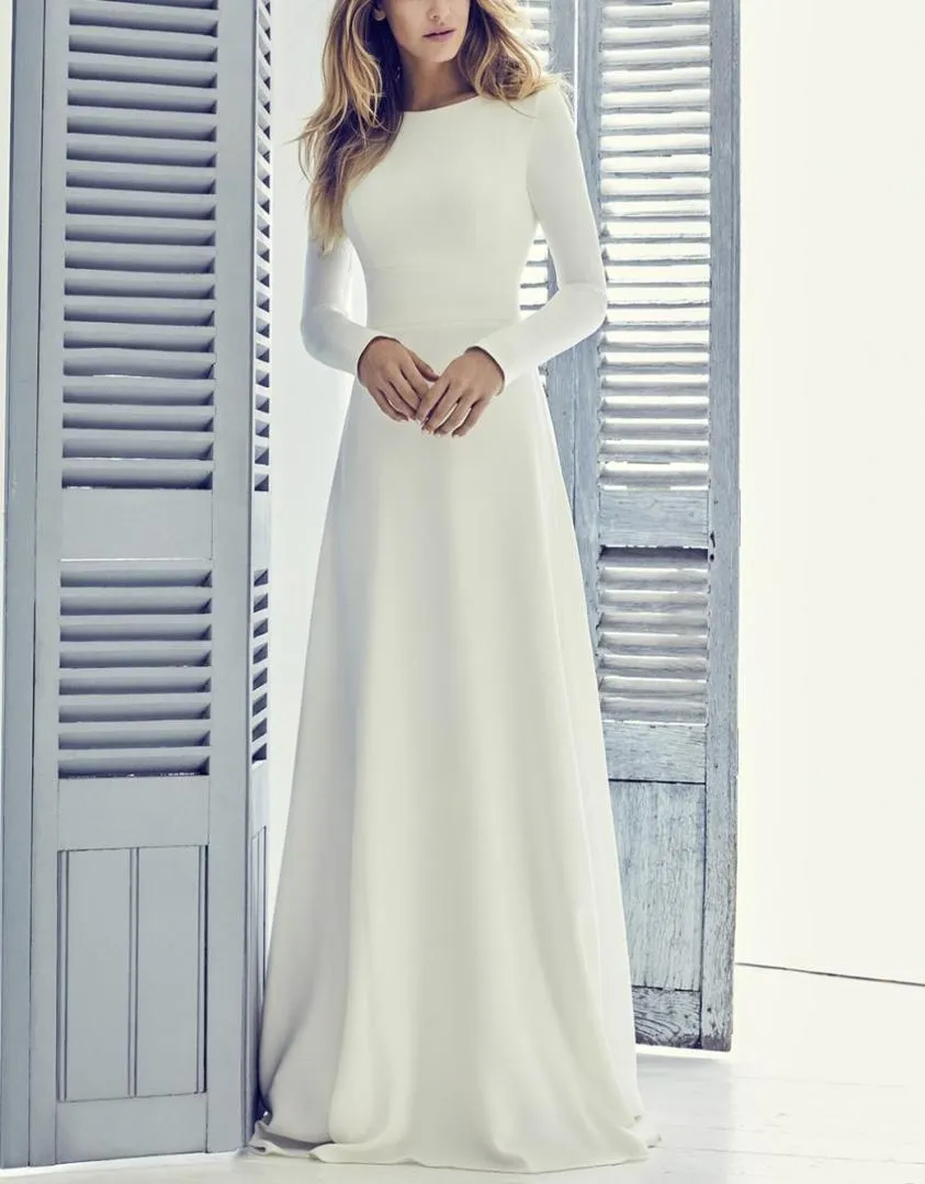 Nouveau Stretch crêpe Aline longue robe de mariée modeste 2020 avec manches longues bijou couvert dos court train femmes informel modeste Brid6297096