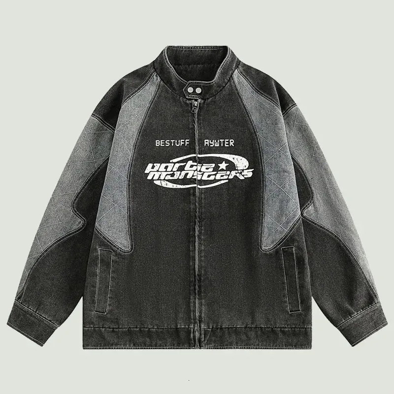 Streetwear Vintage Patchwork denim Jackets Men Harajuku Letter Tryckt Motorcykelrockar Överdimensionerade Casual Y2K Jeans Jacket Unisex 240304