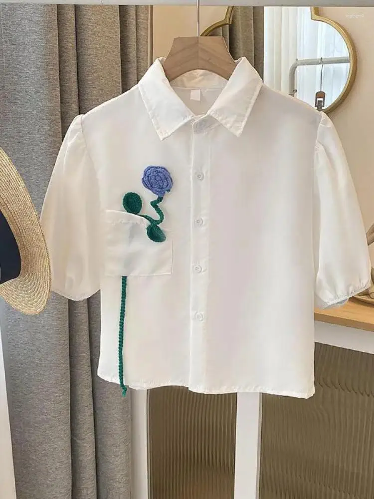 Women's Blouses Blue Flower Decoration Polo Collar Blouse Women Short Sleeve Summer Shirts Loose Tops Vintage Boho White Beach Beautiful