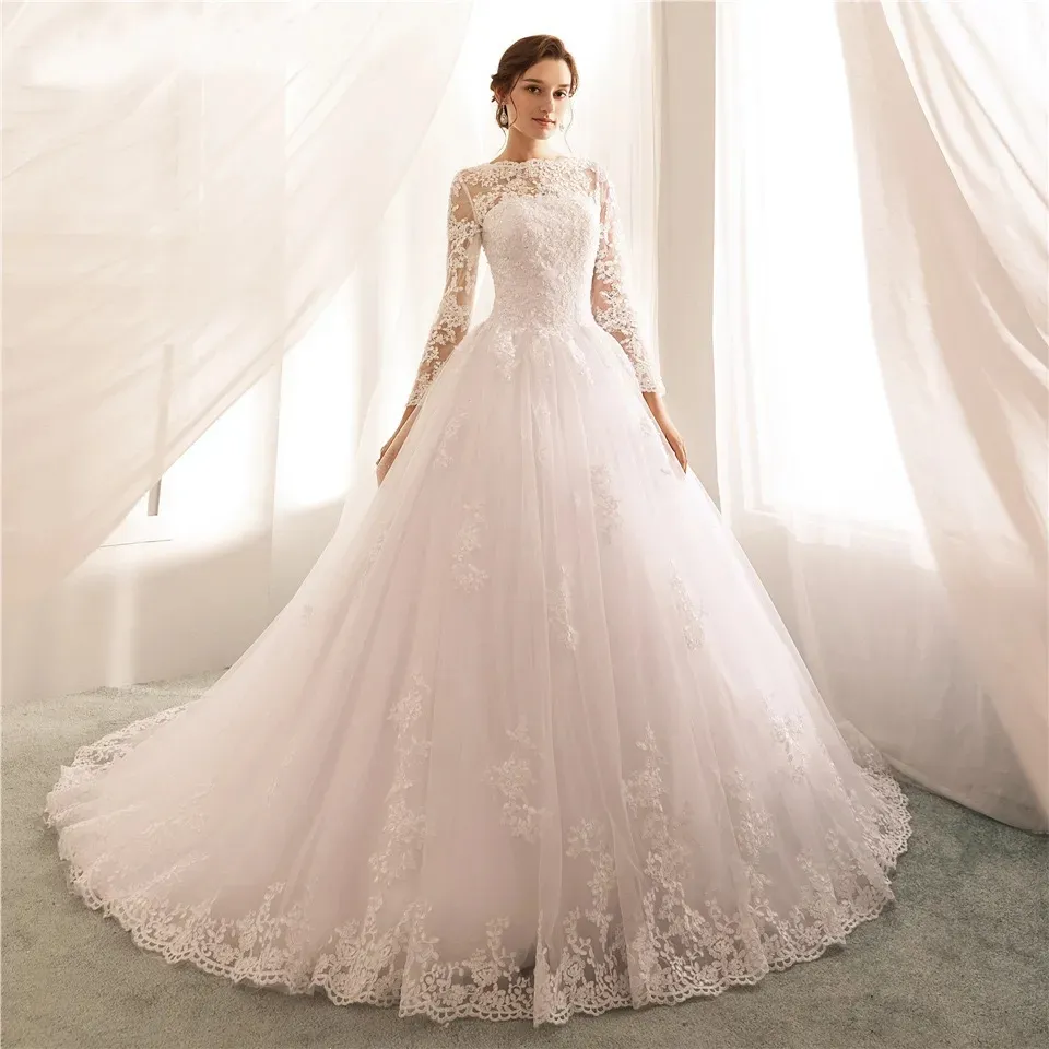 2024 Elegante abito da sposa in linea con scollo a barchetta manica lunga in pizzo Appliques tulle abiti da sposa da sposa Dubai Abiti da sposa Robe De Mariage