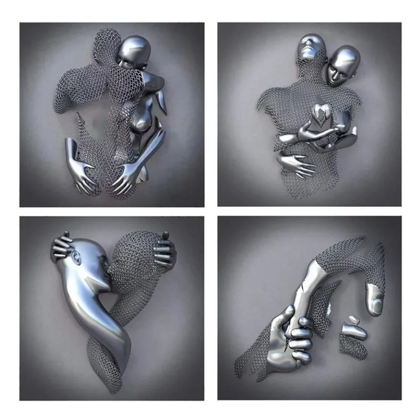 Pinturas 4 pcs amor coração 3d efeito arte de parede abstrata figura de metal estátua arte pintura de lona 19/7 polegadas moderna casa decor317z