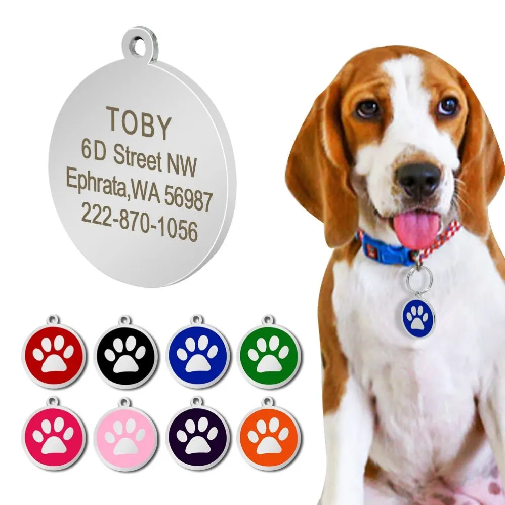 Edelstahl personalisierte Hundemarke Hundezubehör Metall individuelle runde Haustier-ID-Tags Platte Haustier 8 Farben224L