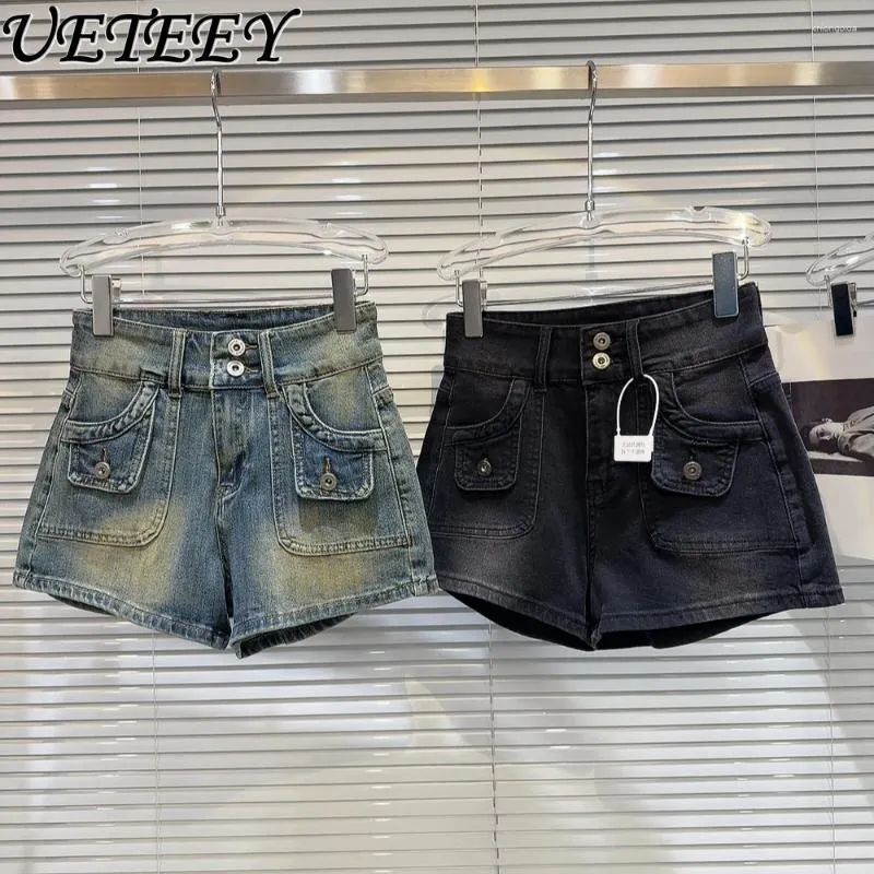 Women's Shorts 2024 Spring Summer Retro Workwear Pocket Design Washed Worn Denim Fashion Simple High Waist Jeans Pants