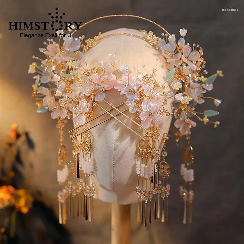 Hårklämmor Himstory Style Chinese Clothing Bride Ancient Headboard Flower Golden Suit Tassel Traditionell bröllopsklänning Huvudstycke