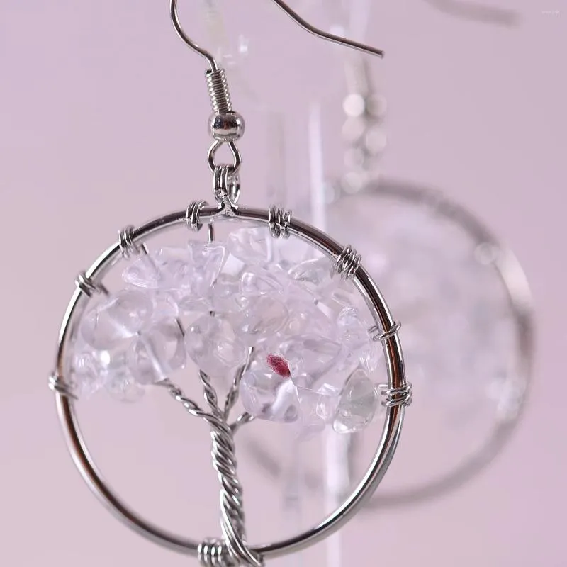 Boucles d'oreilles pendantes en pierre naturelle, cristal blanc, Quartz, bijoux faits à la main pour femmes, arbre de vie, 1 paire