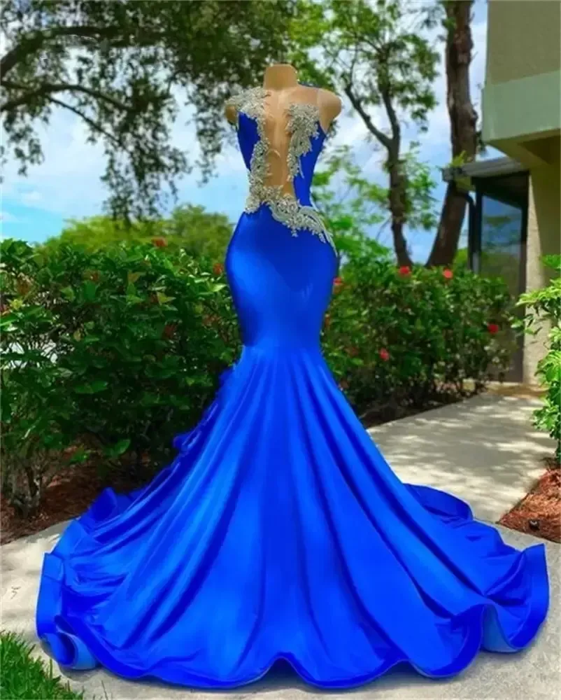 Royal Blue O Neck Long Prom Dresses For Black Girls 2023 Appliques Birthday Party Dress Mermaid Evening Gowns Robe De Ball Gall GW0210