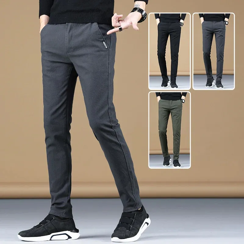 Otoño Invierno pantalones casuales para hombre pantalones elásticos gruesos rectos de negocios ropa de marca masculina verde negro gris 240314