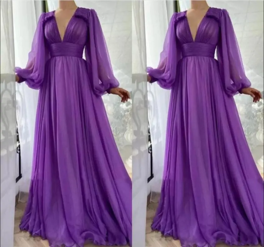 Simple élégant violet en mousseline de soie ALine robes de bal manches longues bouffantes col en V drapé Empire longueur de plancher robe de soirée formelle fête G2888167