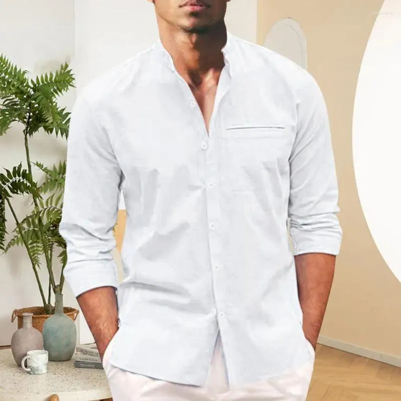 Camisas casuales para hombres Camisa de hombre de color sólido Cuello alto elegante con diseño de un solo pecho Ajuste suelto Tela suave y transpirable para la primavera