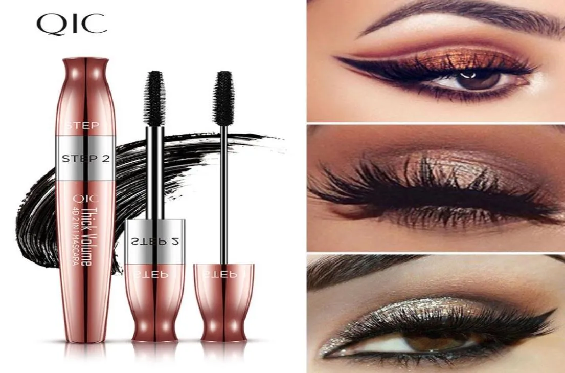 QIC 4D Mascara Double Ended Fibra nera Volume spesso Cruling Allungamento Placcatura rosa Non sbavature Aspetto naturale Coloris Oro Cosm1259557