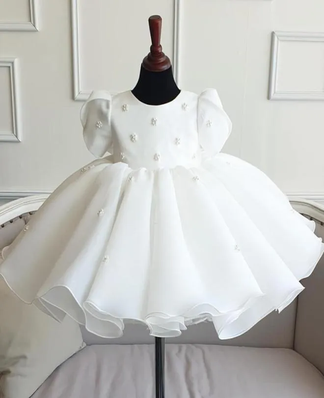 Weiße Spitze Neugeborenes Kleid für Baby Mädchen Party Hochzeit Kurzarm Perlen Tüll Kleinkind 1. Geburtstag Kleid Prinzessin Taufe Kleidung2589987