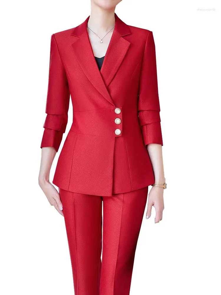 Calças femininas de duas peças de alta qualidade moda vermelho marinho preto senhoras pant terno mulheres feminino trabalho desgaste jaqueta formal blazer e calças 2 conjunto