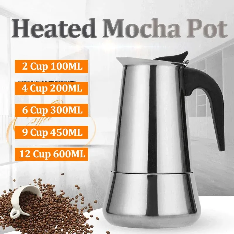 Italian Coffee Pot Stainless Steel Moka Pot Outdoor Portable Espresso Kettle Make Tea Home Universal Heatable Coffeeware Teaware 240304