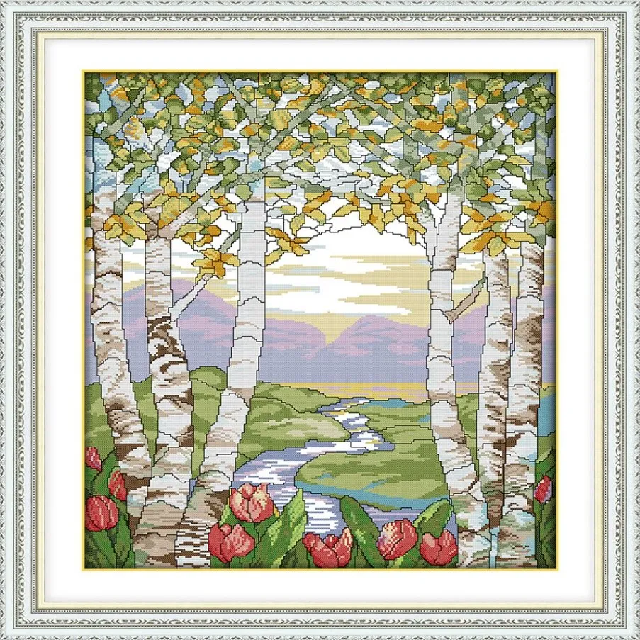 Bouleaux dans les peintures de décor de paysage d'été faits à la main, ensembles de broderie au point de croix, impression comptée sur toile DMC 14CT 232H