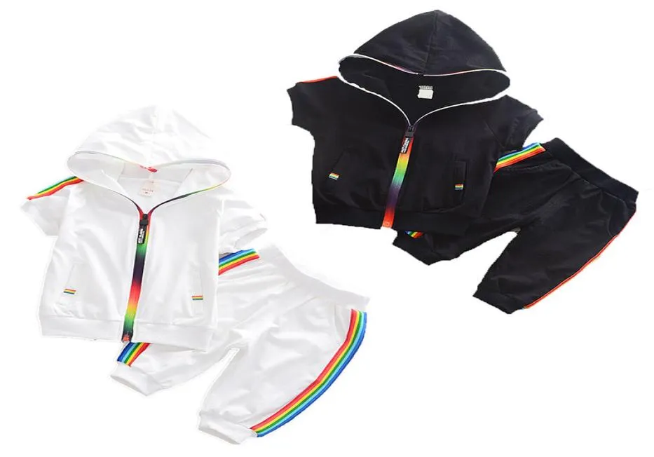 Kinder Designer-Kleidung Jungen Mädchen Outfits Kinder Reißverschluss HoodiesRainbow Streifen Hosen 2er Set Sommer Sportbekleidung Baby Kleidung Set1852777