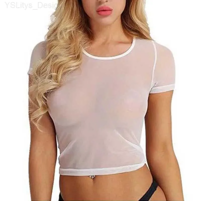 Camiseta para mujer Camiseta para mujer Camiseta de encaje Negro Blanco Llano Ver a través de Short Sle Home Sexy Y2K Cuello redondo S-XXL L24312