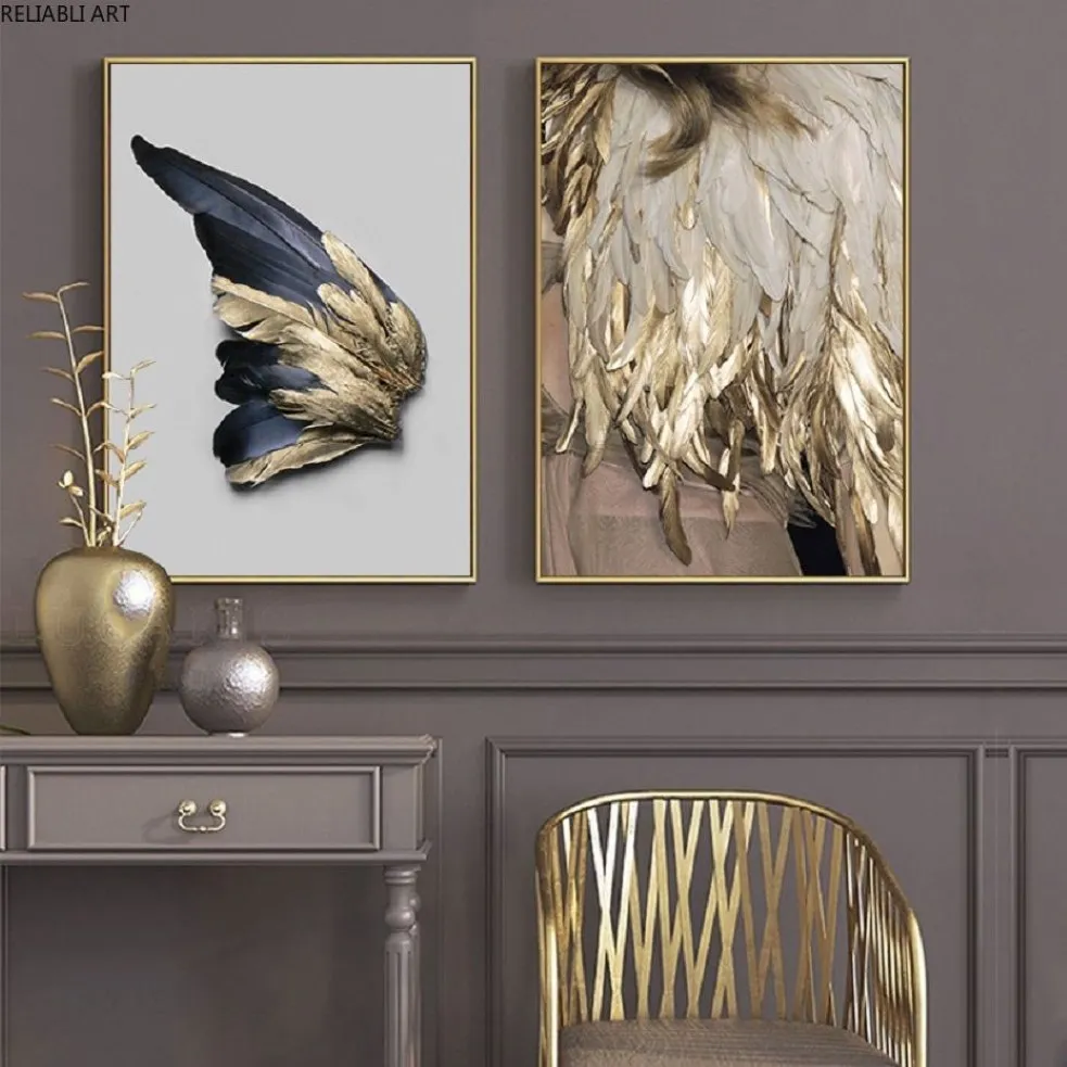 Nordic Golden and Black Wing Wall Art Canvas målningar Abstrakt lämnar väggkonsttryck och affischer för vardagsrumshemdekor202h