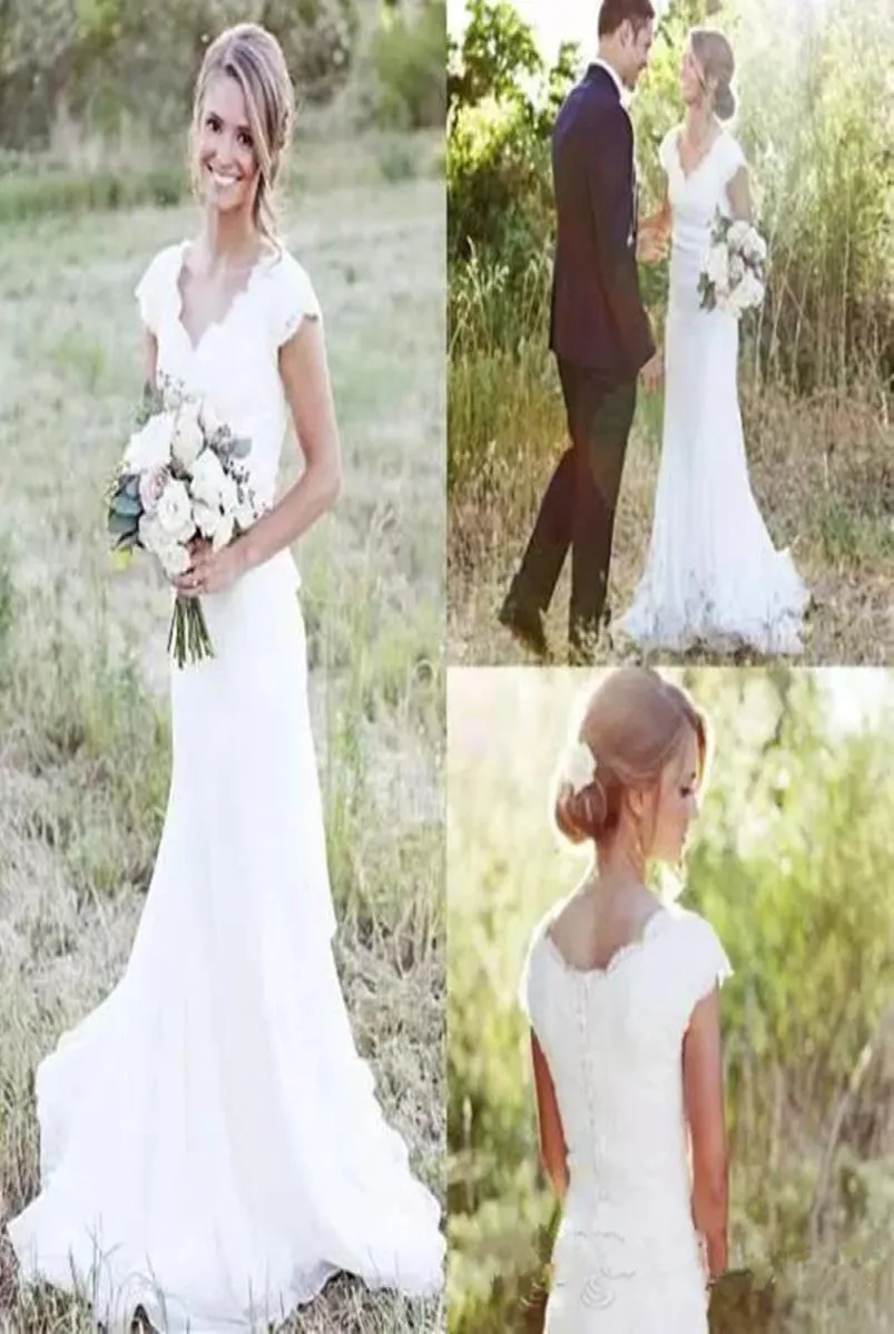 New Elegant Country Lace Wedding Dresses V Neck Cap Sleeve Modest Wedding Bridal Gowns Boho Beach Covered Button Cheap3270379