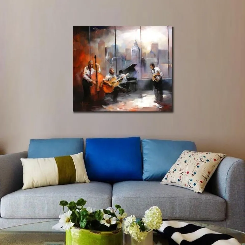 Samtida målning Citycapes Jazz Music Room View Oilmålning Canvas Art Modern Figure Högkvalitativ handmålad284U