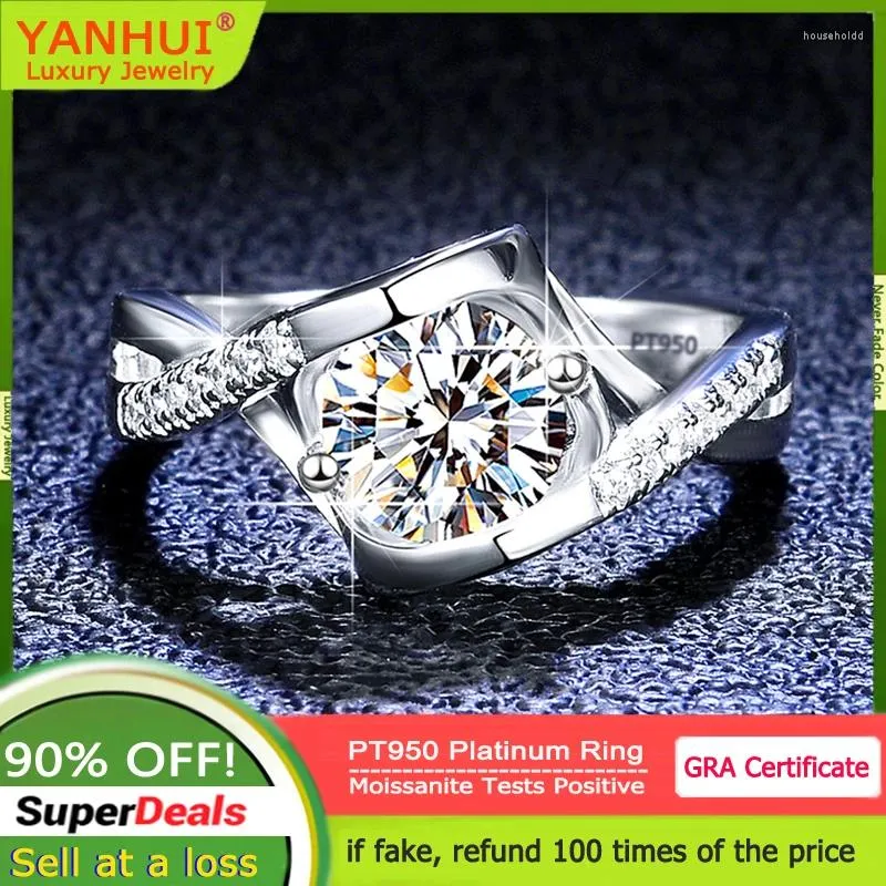 Pierścienie klastra Yanhui Real 0,5/1ct moissanite Pierścień dla kobiet solidna PT950 Platinum Luksusowy diamentowy ślub