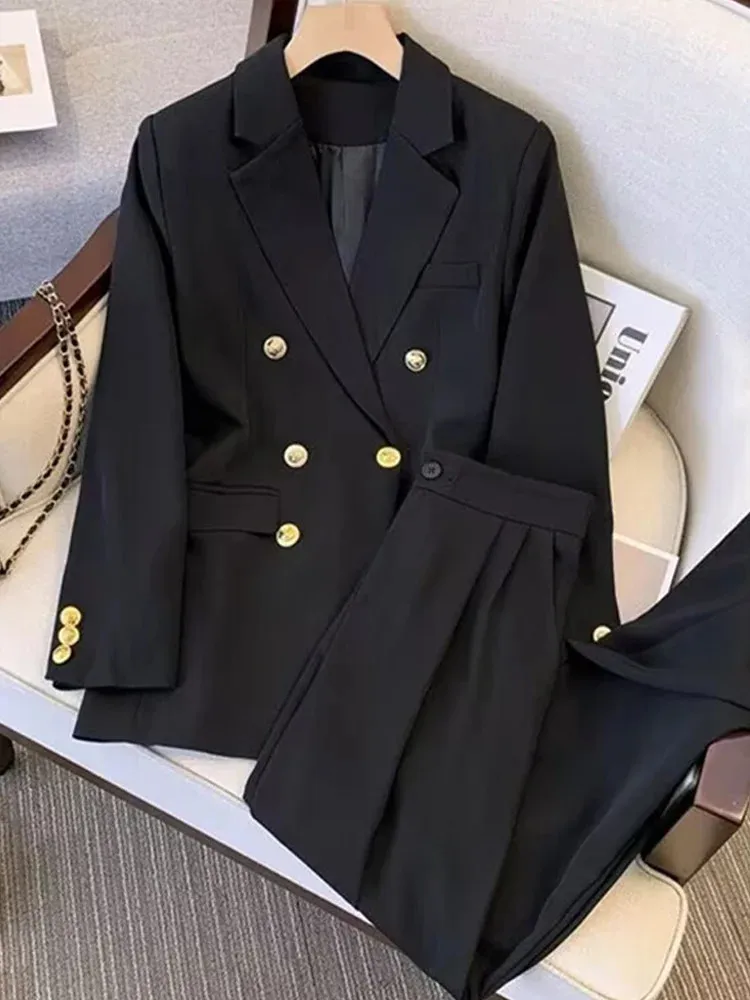 Elegante escritório feminino jaqueta conjunto de botão de metal jaqueta de manga comprida cintura alta calças retas definir primavera moda feminina conjunto de duas peças 240312
