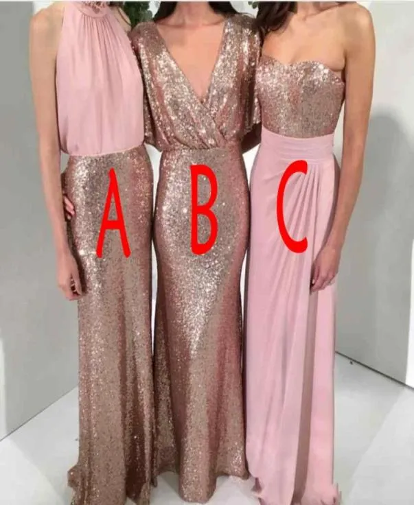 2020 Nieuwe sexy sexy pailletten bling zeemeermin bruidsmeisje jurken gemengde stijlen roségouden en roze vloerlengte prom maid of honor bruiloft gue9166495