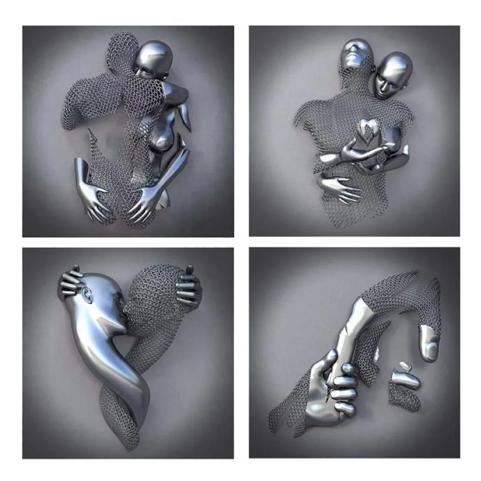 Pinturas 4 pcs amor coração efeito 3d arte de parede abstrata figura de metal estátua arte pintura de lona 19/7 polegadas moderna casa decor181k