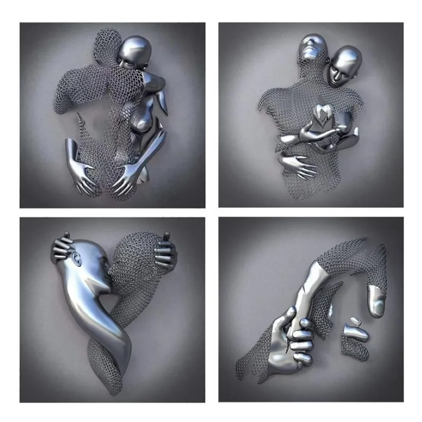 Pinturas 4 pcs amor coração 3d efeito arte de parede abstrata figura de metal estátua arte pintura de lona 19/7 polegadas moderna casa decor260x