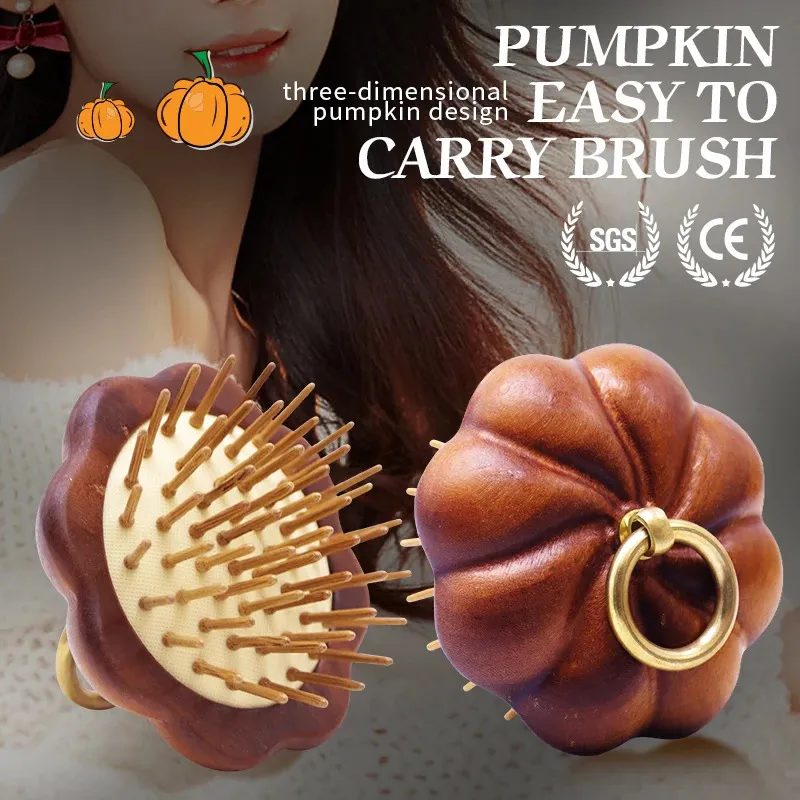 Sandalwood Mini Hair Brush Women Portable Pocket Hair Comb Head Scalp Massage Brush Wide Tooth Comb Design Pumpkin Style 240229