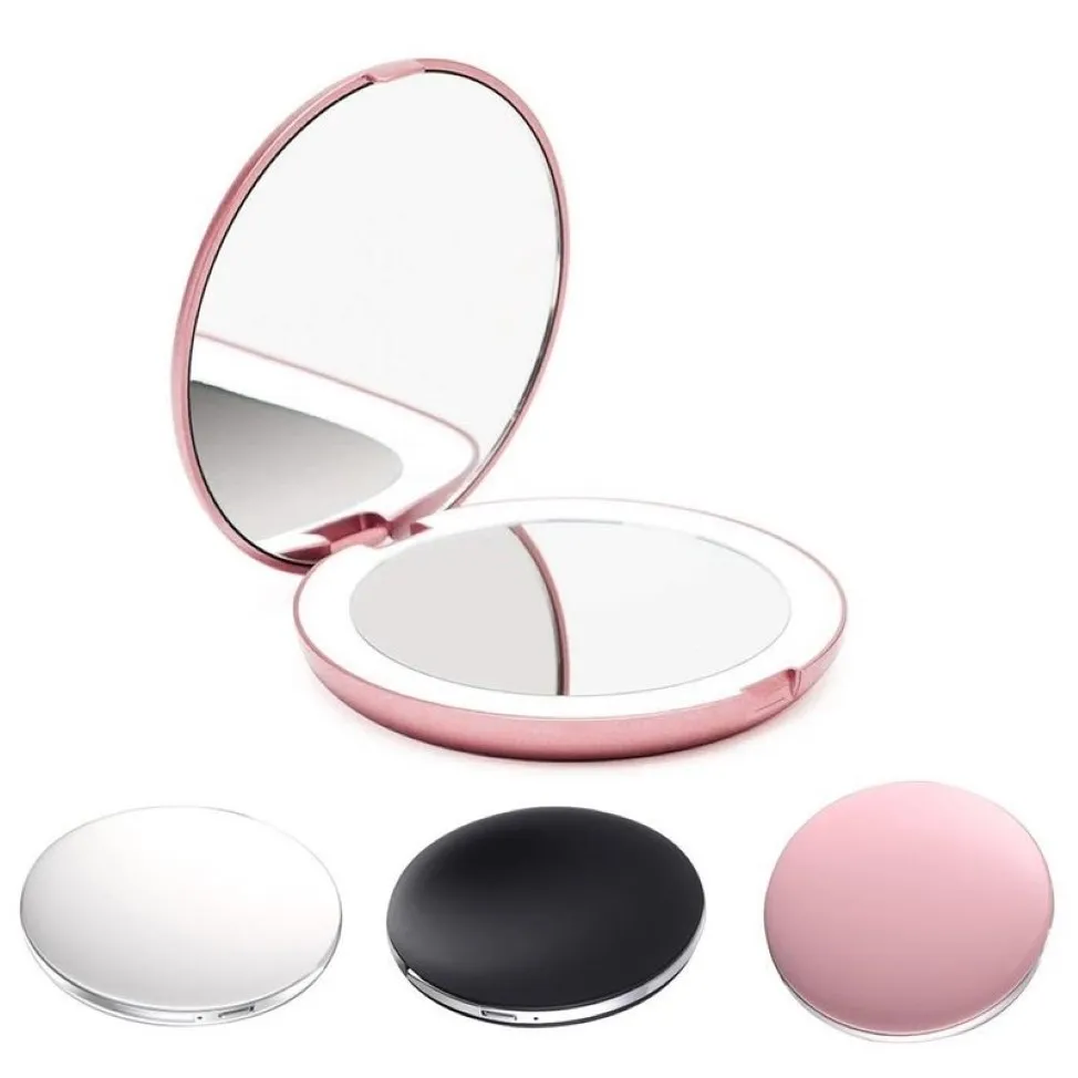 LED Light Mini Make -up Spiegel Kompakt Taschengesicht Lippen Kosmetischer Spiegel Reise tragbarer Beleuchtungsspiegel 1x 5x Vergrößerungsfaltungsfalt y20265o