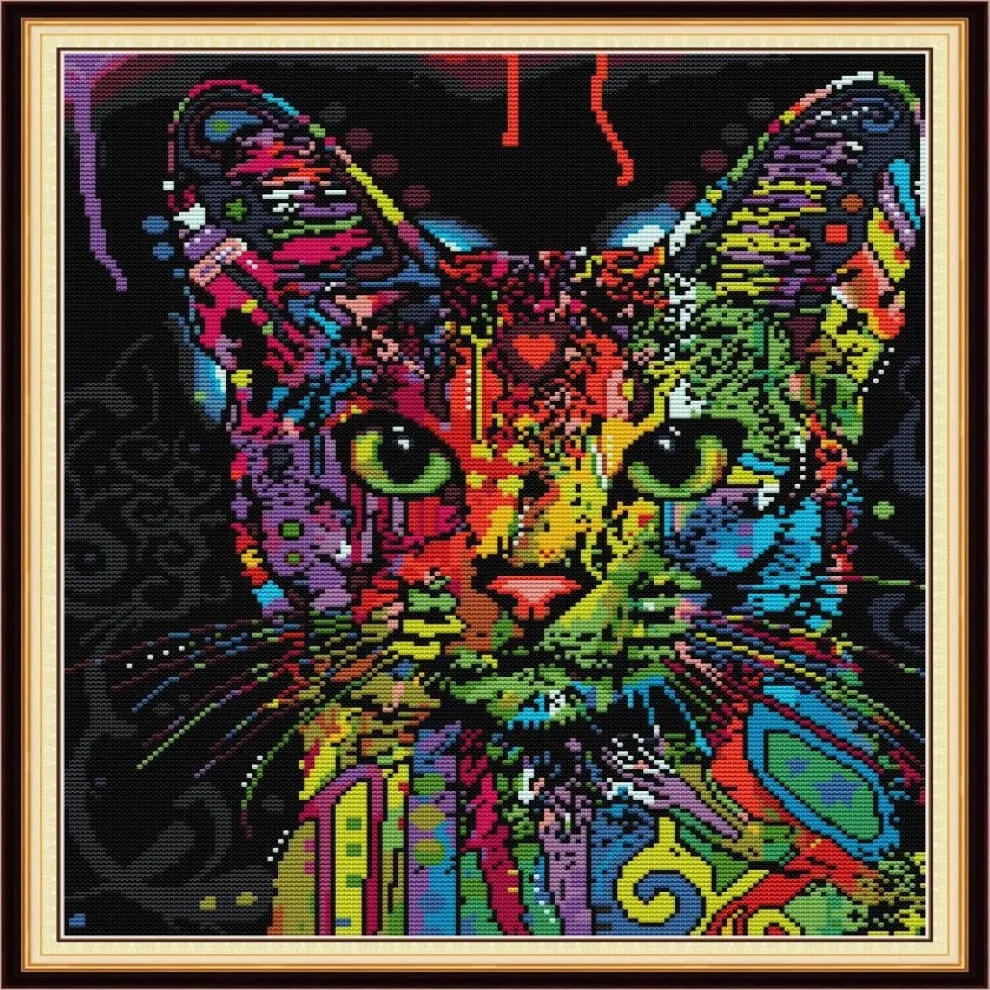 Gato colorido decoração de casa diy kit de arte artesanal ponto cruz ferramentas artesanais bordado conjuntos de bordado contados impressão em tela dmc 221s