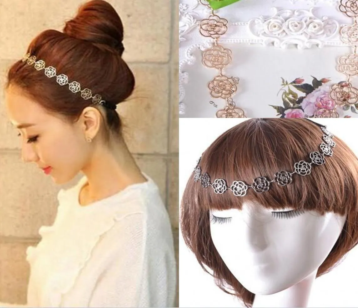 2020 neue Mode Metallic Lady Hohl Rose Blume Elastische Haar Stirnbänder Gold Kopfschmuck Kopfbedeckung Zubehör Frauen Hochzeit Ac5093822
