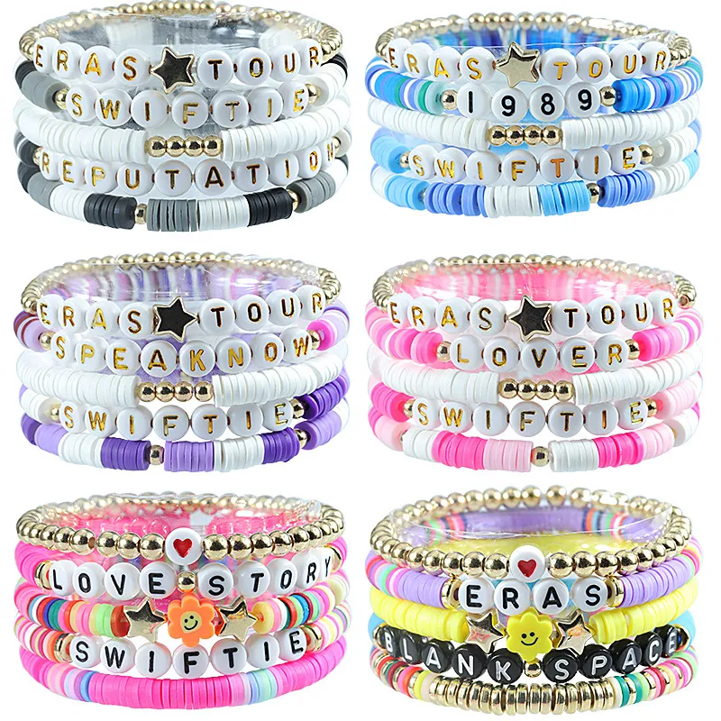 5 pezzi/set Taylor Swiftie Braccialetti dell'amicizia Fiore Cuore Stella Lettera Fascino Surfer Heishi Fili di perline Personalizzati Elastici Oro Boho Beach Gioielli Regalo per i fan