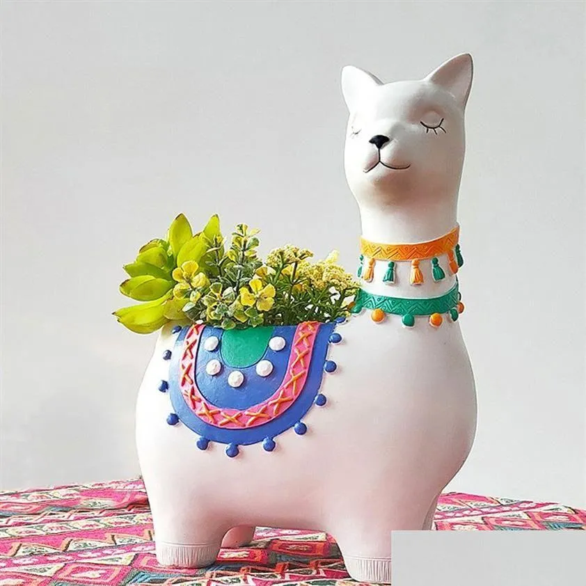 Planters POTS Alpaca Planter Harts Llama Flower Pot For Succents växter handmålade djur bonsai hem trädgård skrivbordsdekoration dhupb