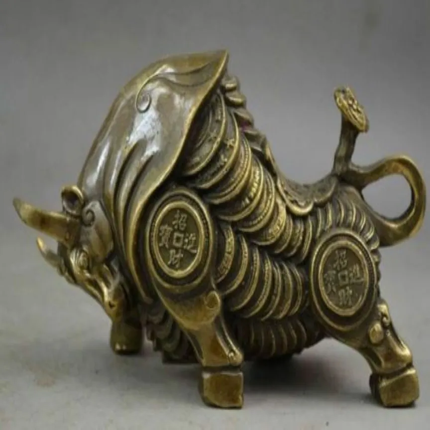 Estátua de boi do zodíaco realista de riqueza de corpo inteiro esculpida em cobre da China 277g