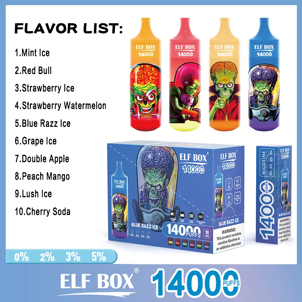 24hr shipping V ape Box Original ELF BOX RGB-Light 14000 Disposable E Cigarettes 10 flavors 1.0 ohm Rechargeable 0% 2% 3% 5%