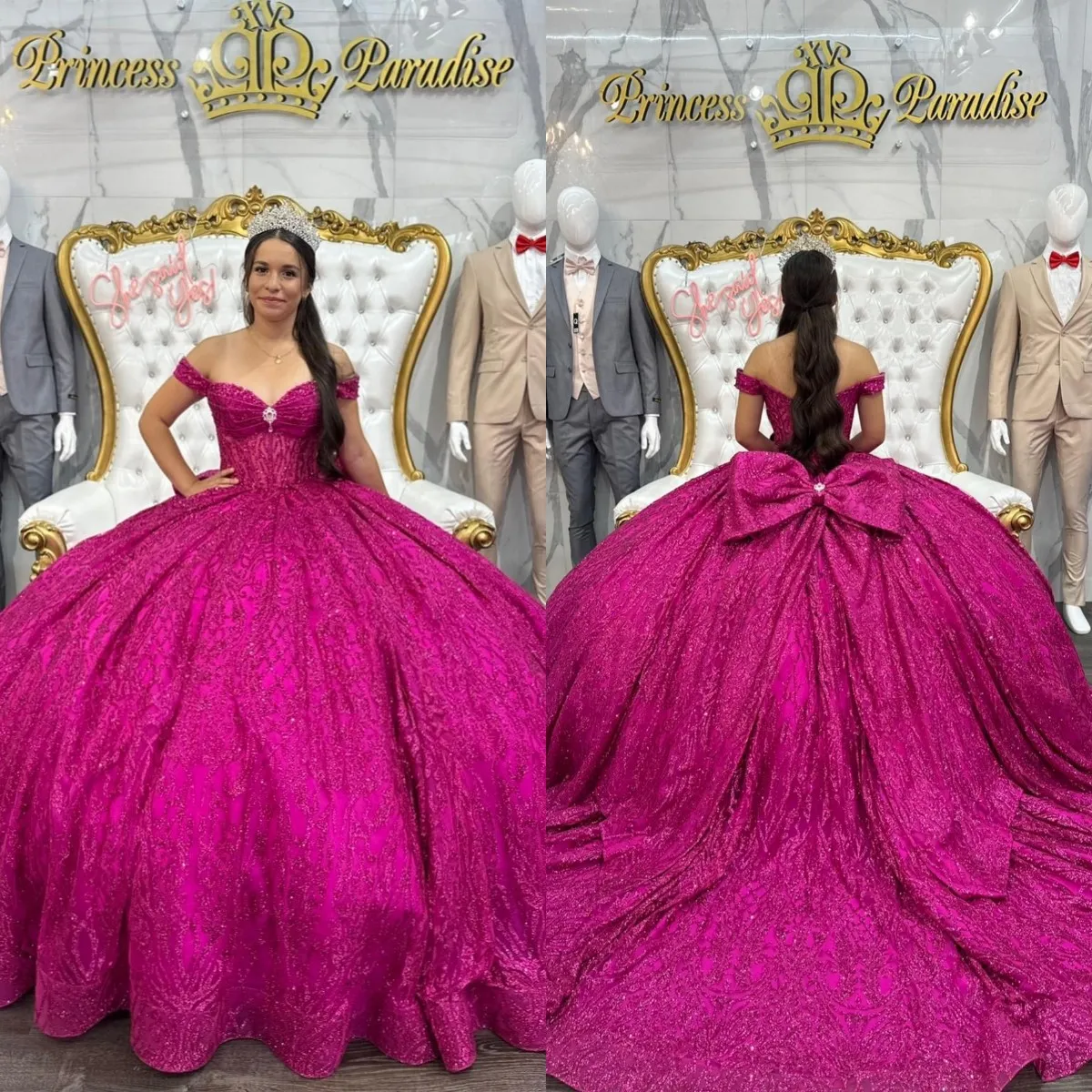 Barbie rose princesse quinceanera robes robe de bal hors épaule paillettes paillettes robe de quinceanera noeud papillon Sweet 15 robe de mascarade