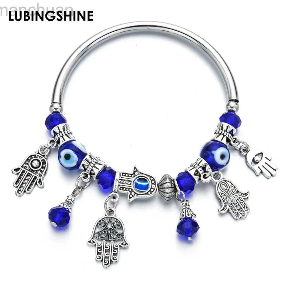 Bangle Fashion Turkiet Blue Evil Eye Hamsa Hand Fatima Palm Armband For Women Men Cuff Elastic Strand Pärlor Charms Armband Smycken LDD240312