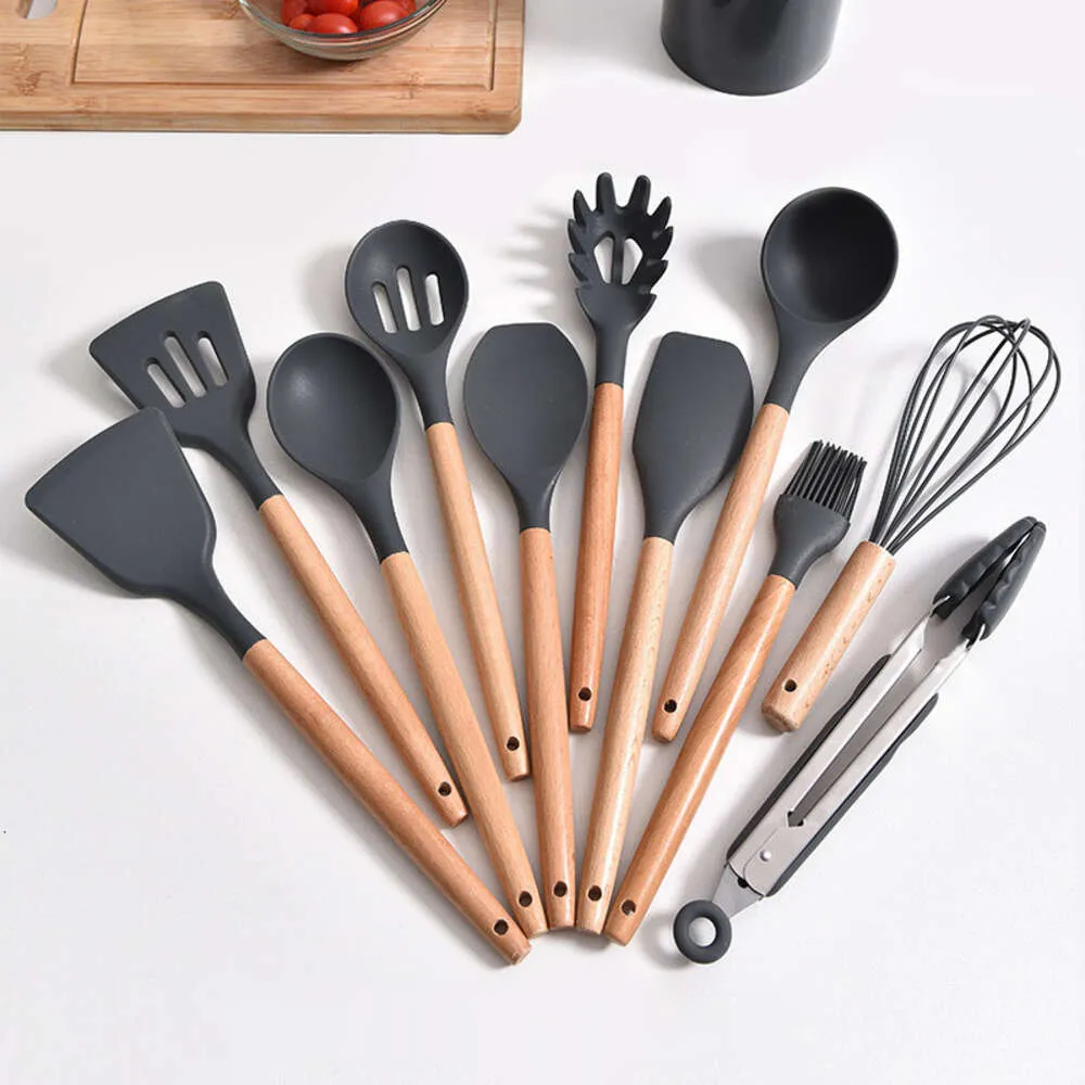Reusable Adaptive Cooking Skimmer Wooden Tools Soft Non-stick Accessories 12 Pcs Silicone Kitchen Utensil Set for Baking Camping