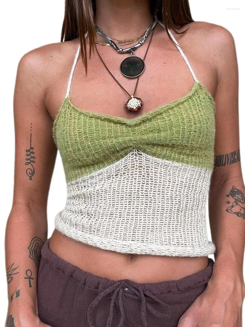 Damen-Tanks, sexy Y2K-Kleidung, Frauen-Neckholder-Crop-Top, gerippte Cami-Tops, ärmellos, Kontrastfarbe, schmale Passform, gerüschtes Strick-Camisole